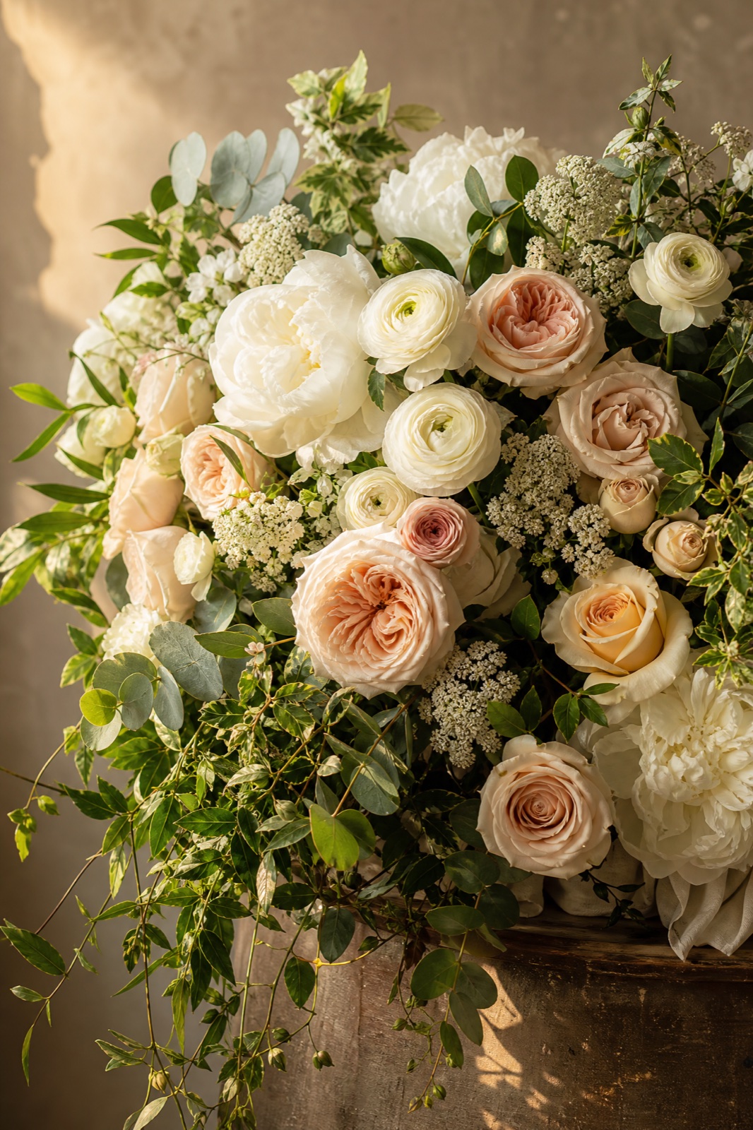 A lush arrangement of cream and blush garden roses, peonies and greenery in warm light